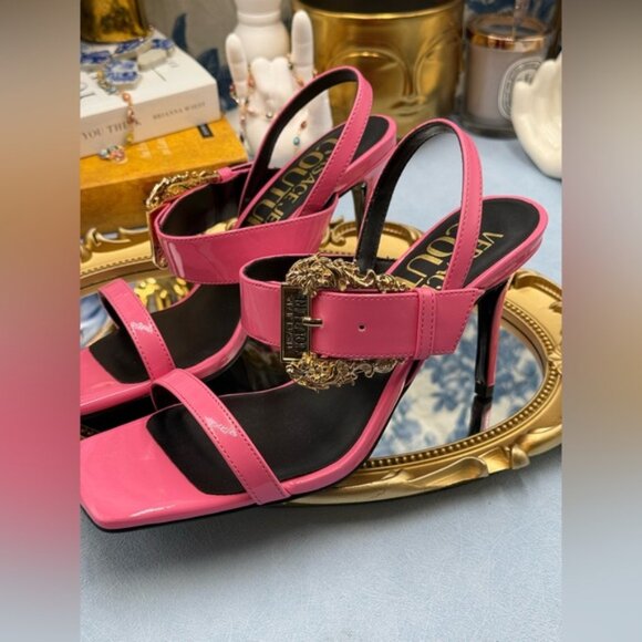 🆕 VERSACE JEANS COUTURE 🧿 NWOB Pink Buckle-Fastening Heeled Sandals Sz 37 US 7 - Picture 11 of 13